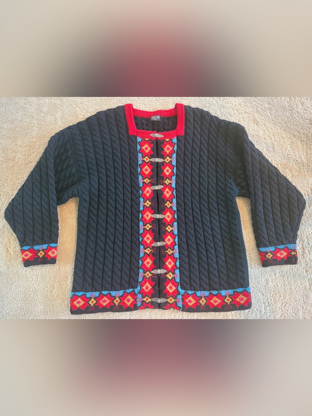 Vrikke Norway 100% Wool Nordic Cable Knit Cardigan Sweater Large